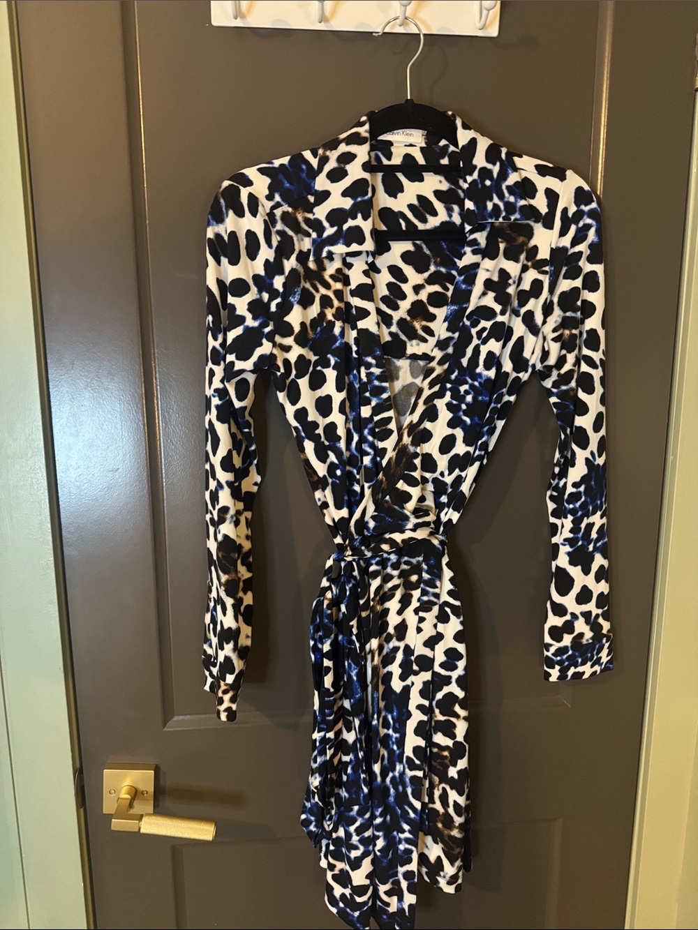Calvin Klein Black White and Blue Animal-Print Midi wrap Dress